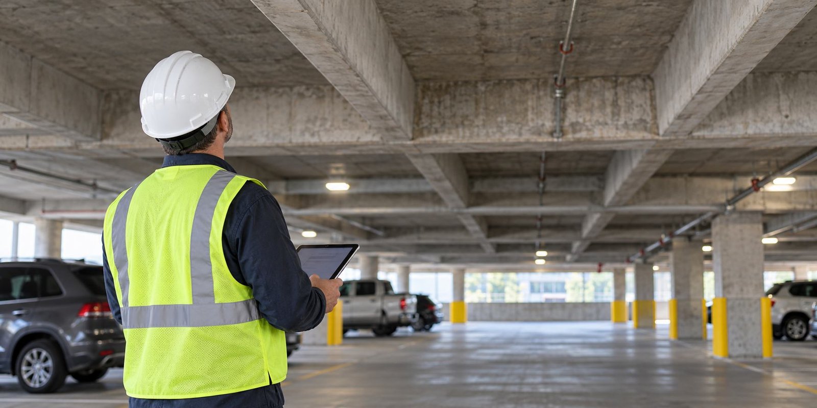 Illustrative garage inspector wearing a white hard hat and high visibility vest.