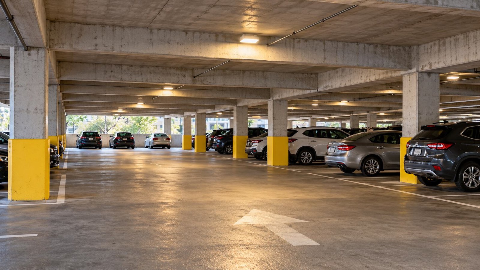 Illustrative concrete parking garage interior with yellow column guards and parked vehicles.
