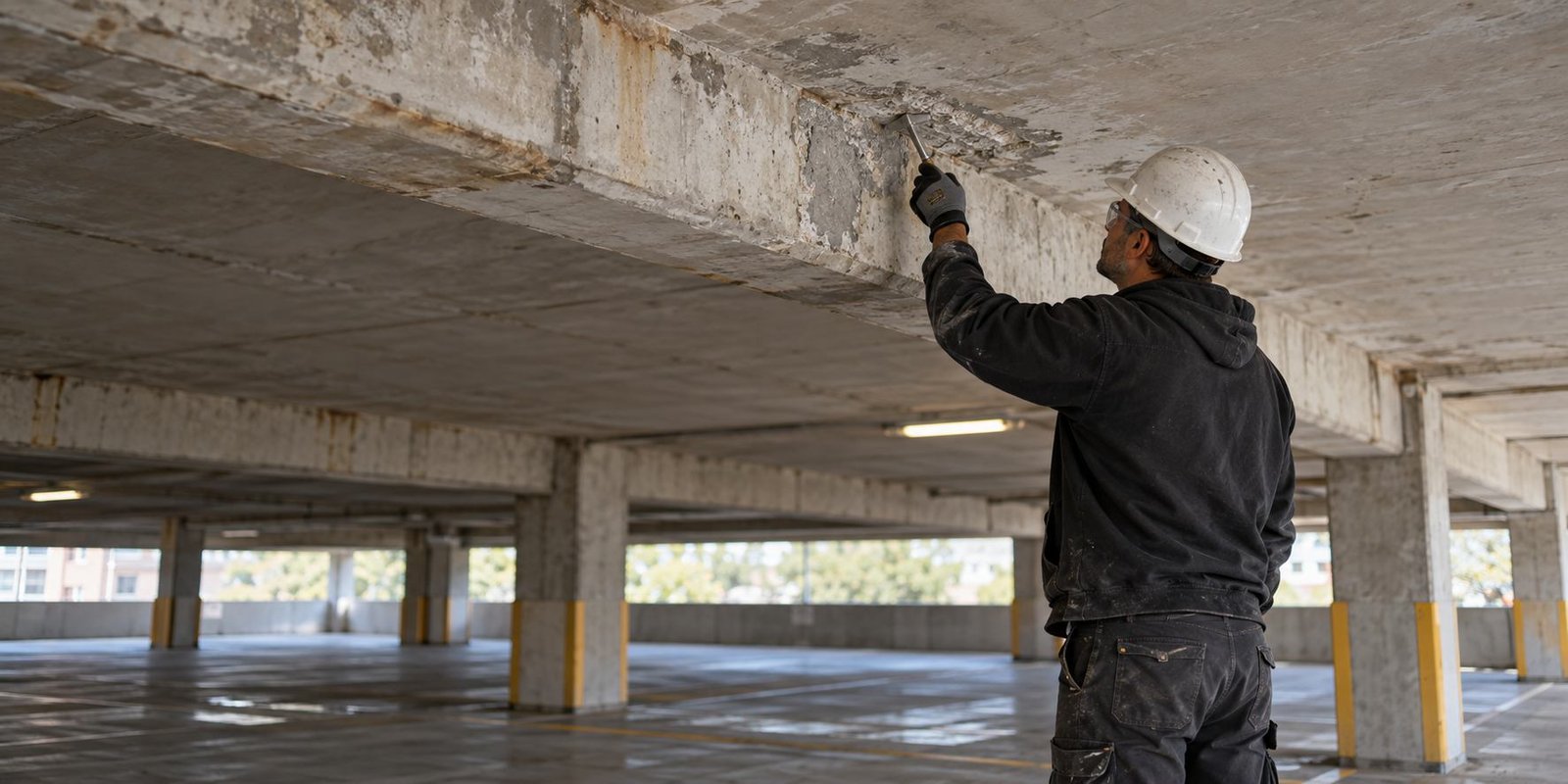 Illustrative worker reviewing a concrete garage beam for repair planning.